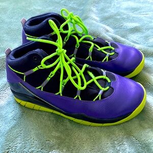 lime green purple and black Jordans